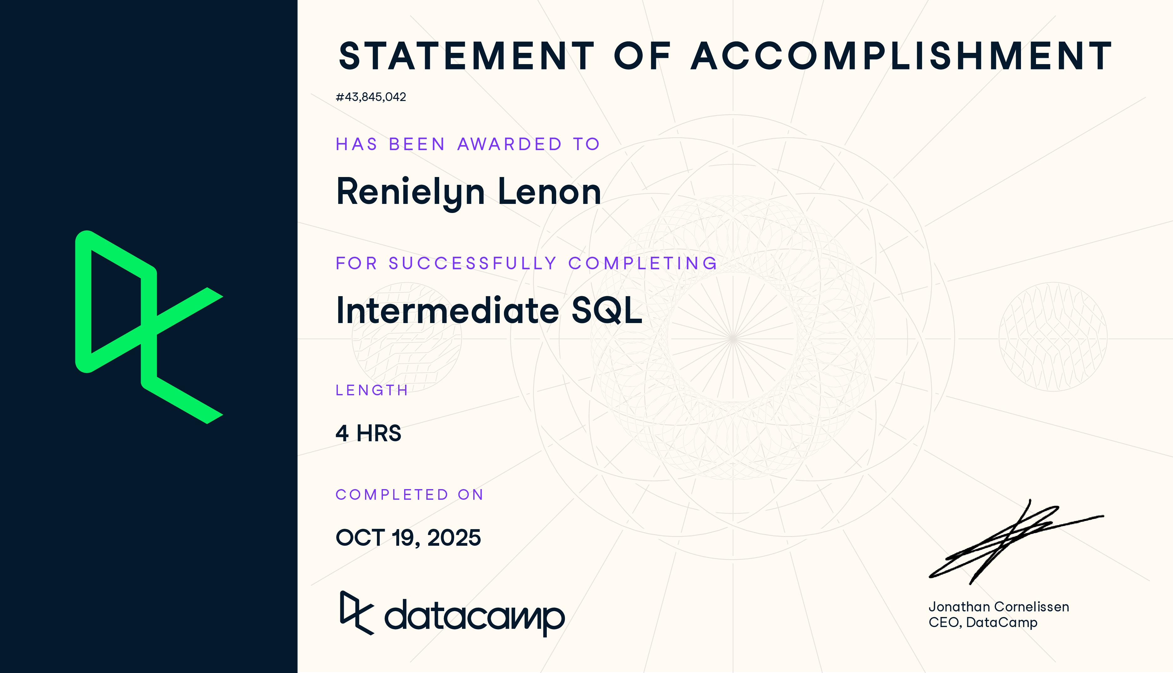 Intermediate SQL Certificate by DataCamp - Renielyn Lenon
